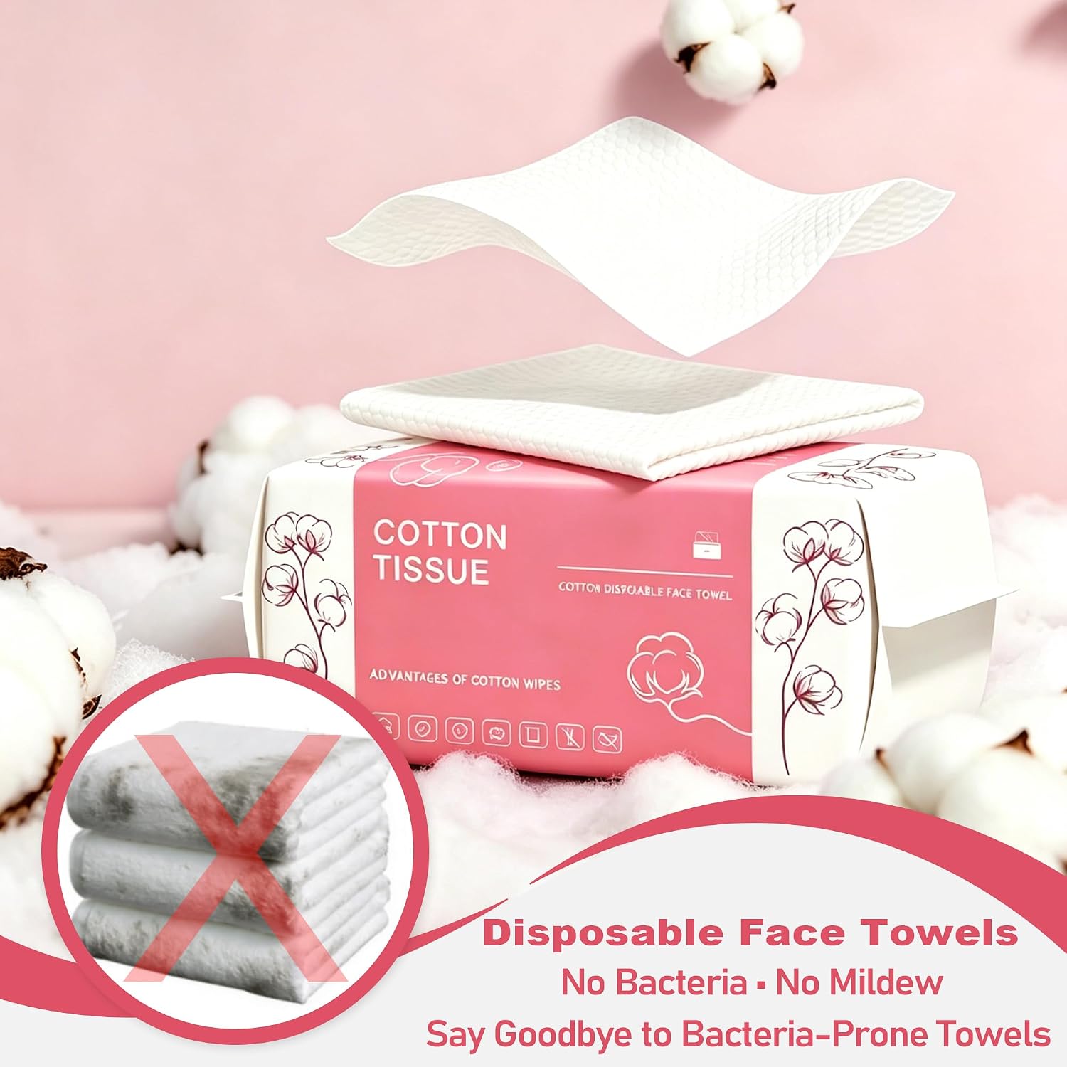 100 Count Disposable Face Towel, Dual-Textured Facial Wash Cloth | Ultra Thick Soft Cotton Disposable Washcloths for Washing & Drying, Facial Tissue for Cleansing, Skincare and Makeup Remover