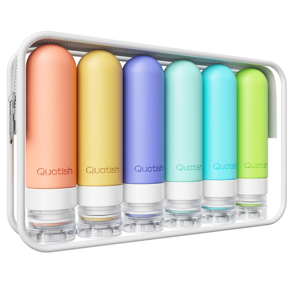 Quatish Travel Bottles for Toiletries 6 Pack, Original Patented Leakproof 3 oz Tsa Approved Travel Size Containers, BPA Free Silicone Shampoo and Conditioner Bottles, Camping Essentials