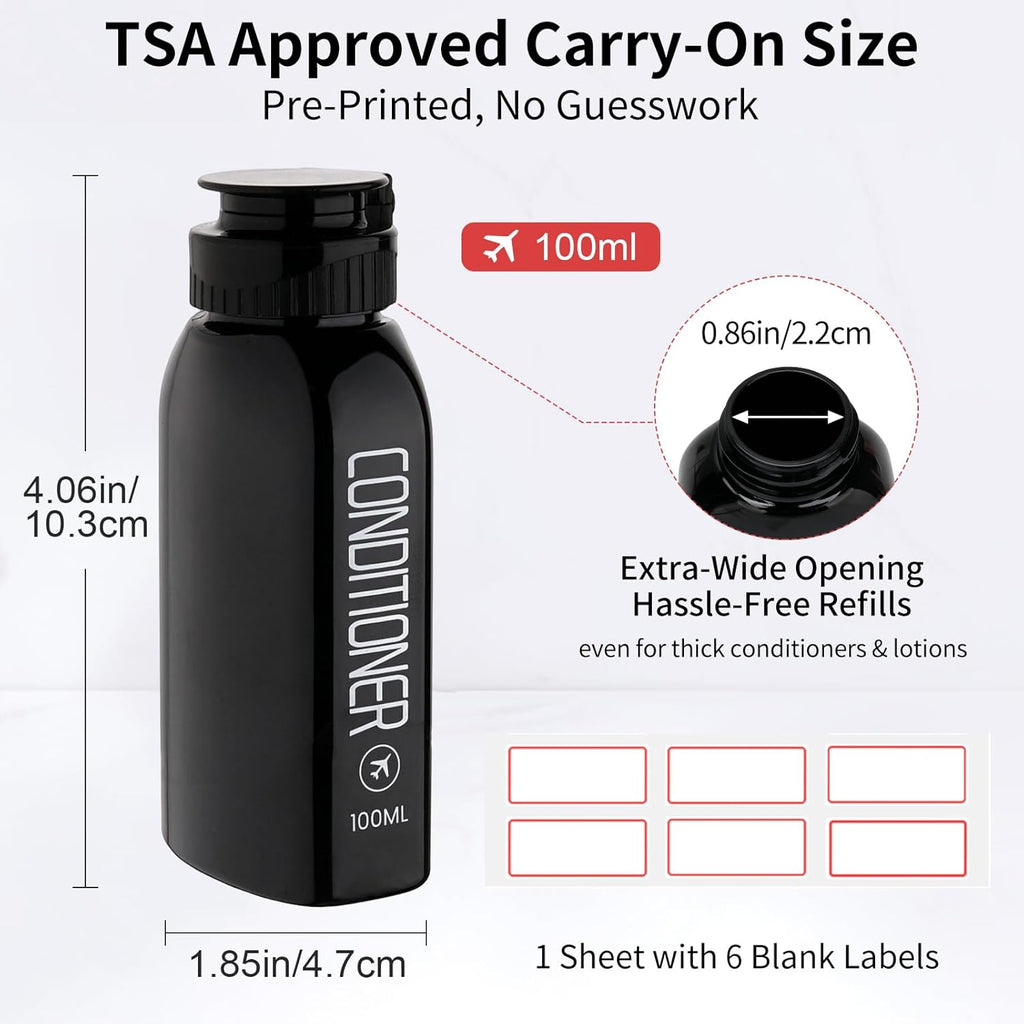 Cosywell Travel Bottles for Toiletries 10PCS 100ml/3.4oz Pre-Printed Shampoo, Conditioner & Body Wash TSA Approved 2oz Spray Bottle Leakproof 0.35oz Plastic Cream Jars Refillable Cream Lotion(Black)