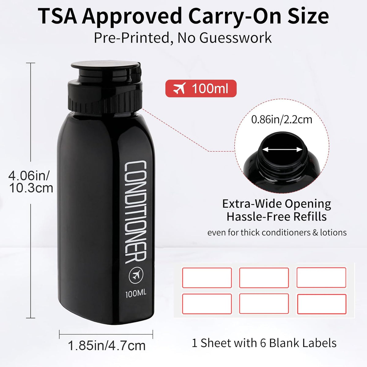 Cosywell Travel Bottles for Toiletries 10PCS 100ml/3.4oz Pre-Printed Shampoo, Conditioner & Body Wash TSA Approved 2oz Spray Bottle Leakproof 0.35oz Plastic Cream Jars Refillable Cream Lotion(Black)