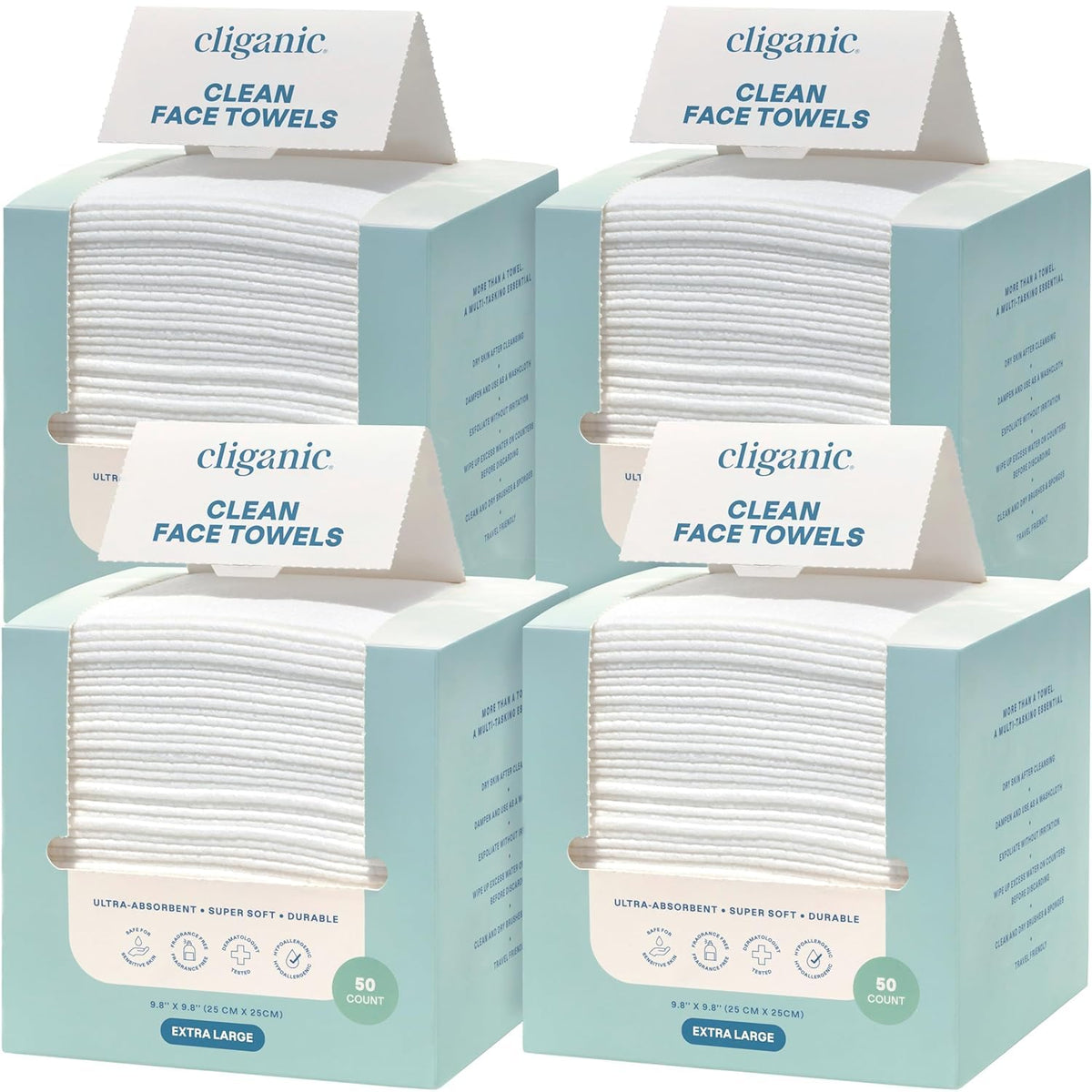 Cliganic Clean Face Towels XL, Multi-Pack (100 Count), Disposable, Ultra-Absorbent, Hypoallergenic & Soft - Makeup Remover Dry Wipes, Pamper Your Face, Hygienic Towelettes, for All Skin Types