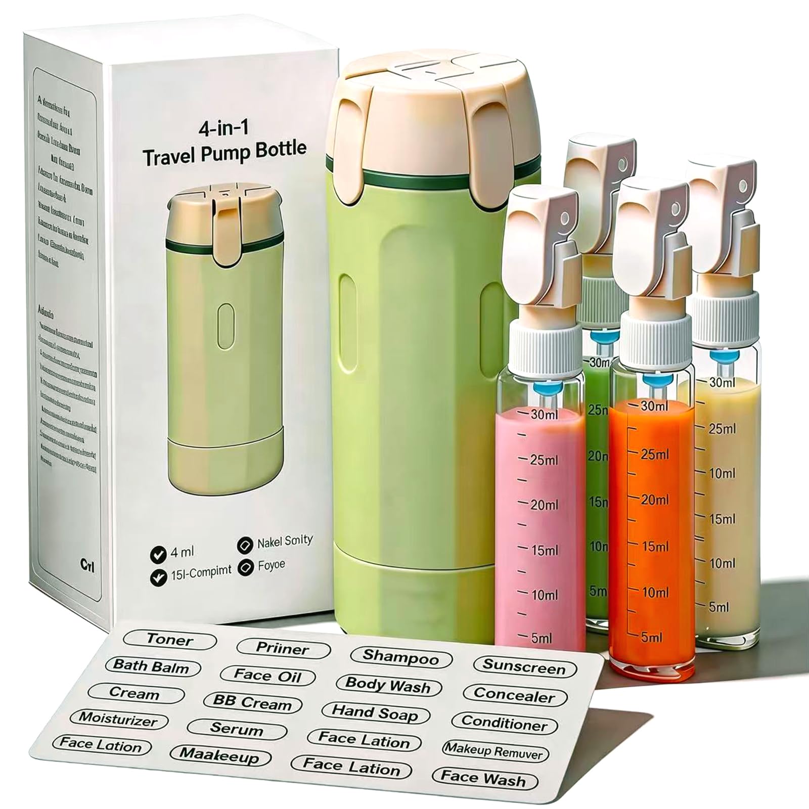 4 in 1 Travel Dispenser Bottle,4 Pack 30ML Travel Bottles for Toiletries, Leak Proof Travel Size Containers (Black, OneSize)