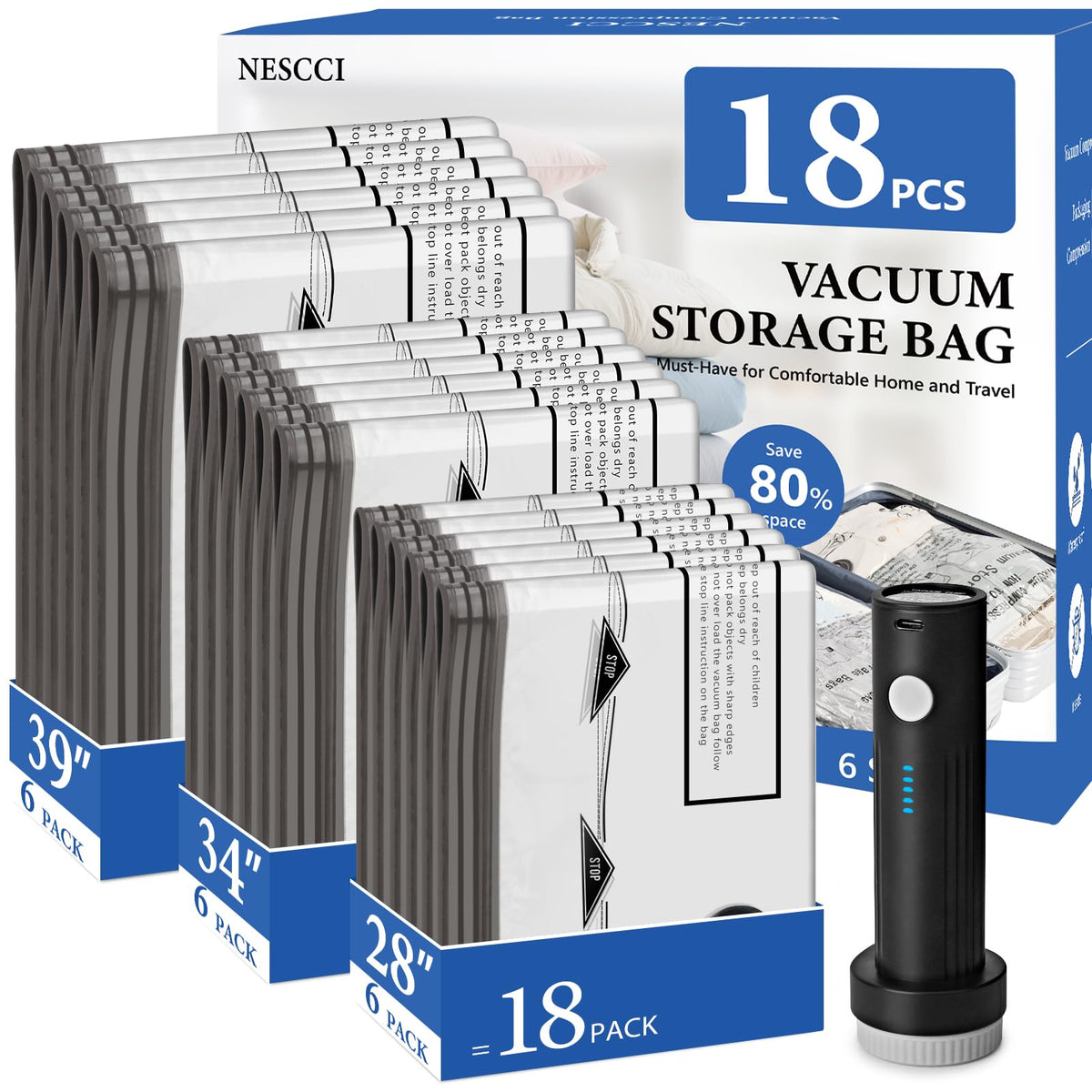 18 Pack Travel Vacuum Bags for Clothing with Rechargeable Wireless Air Pump | Compression Seal Packing Bags for Luggage Suitcase,Carry-on Size Space Saver Vacuum Storage Bags