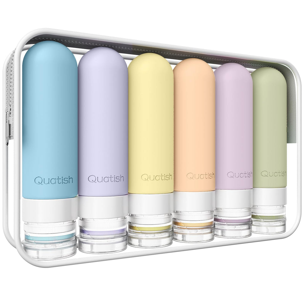 Quatish Travel Bottles for Toiletries 6 Pack, Original Patented Leakproof 3 oz Tsa Approved Travel Size Containers, BPA Free Silicone Shampoo and Conditioner Bottles, Camping Essentials
