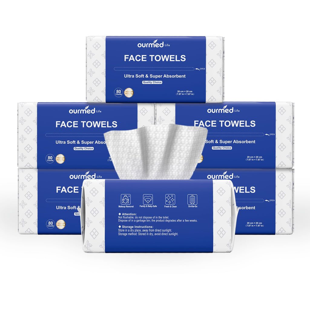 Ourmed Life Face Towels, Disposable Biodegradable Clean Facial Towels for Sensitive Skin, Lint- free Face Cloths for Makeup Remover, Skincare and Women Cleaning, Dry Wipes,100 Count EF Texture | Clinically Tested, Reduce Redness, Skin Soothing, Sensitive