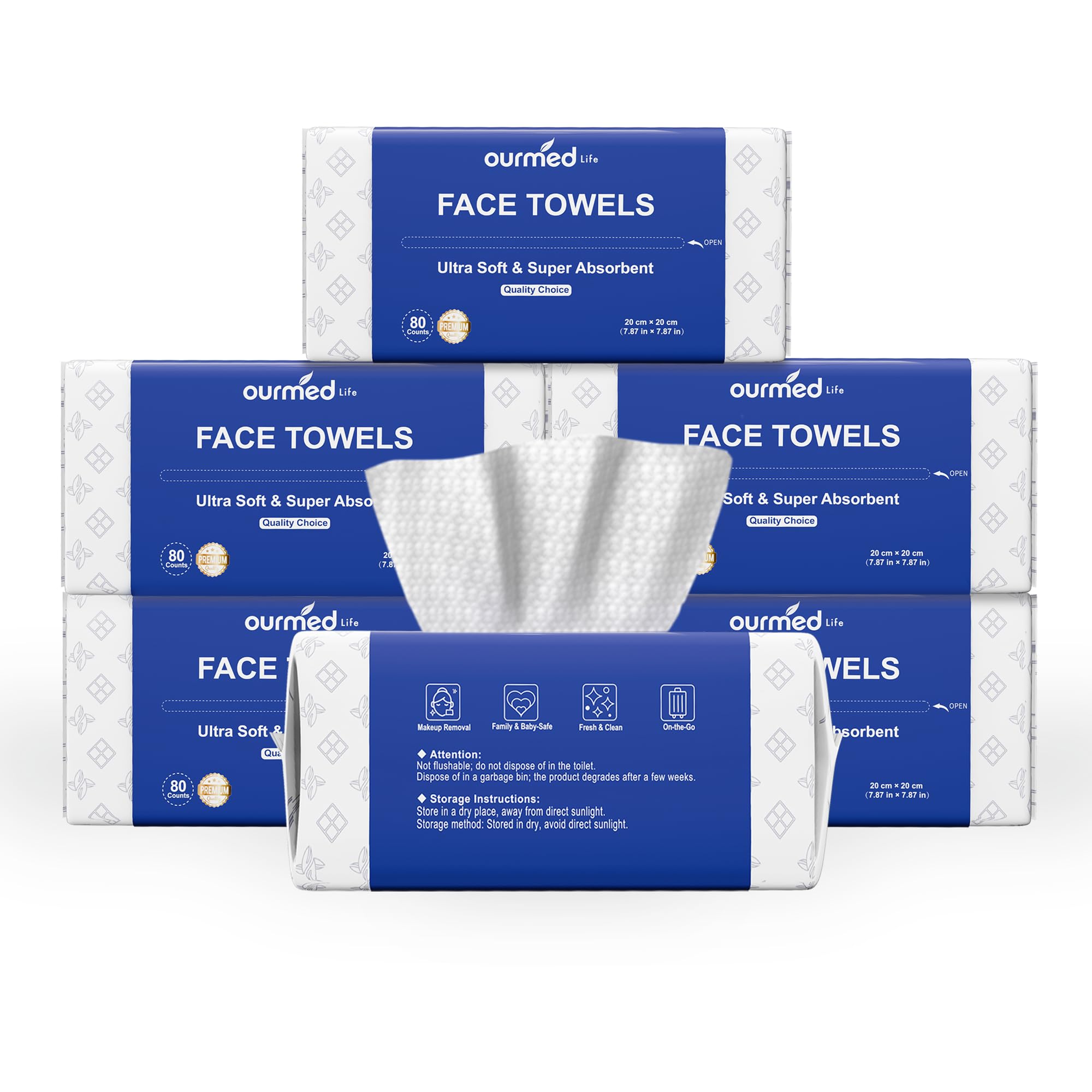 Ourmed Life Disposable Face Towels for All Skin, 100 Count - Ultra Value | Clinically Tested, Reduce Redness, Skin Soothing, Sensitive Skin friendly, Biodegradable, Skincare, Women Cleansing,Absorbent
