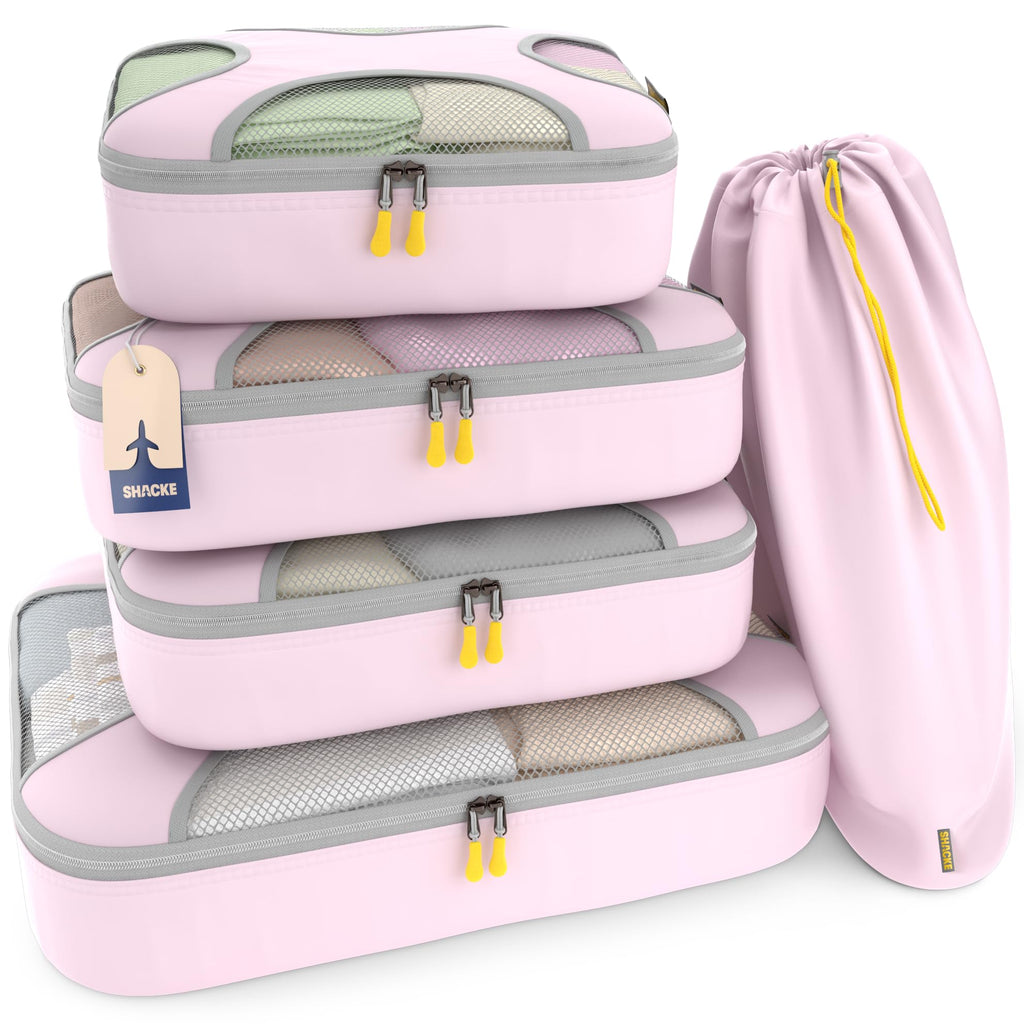 Shacke 5 Set Packing Cubes for Travel with Laundry Bag (Pure Black) | Suitcase Organizer Bags Set: 4 Water-Resistant Luggage Cubes, XL to Small, + Laundry Bag for Carry-On or Checked