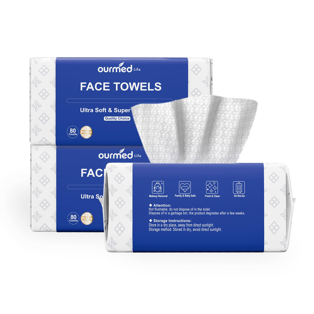Ourmed Life Face Towels, Disposable Biodegradable Clean Facial Towels for Sensitive Skin, Lint- free Face Cloths for Makeup Remover, Skincare and Women Cleaning, Dry Wipes,100 Count EF Texture | Clinically Tested, Reduce Redness, Skin Soothing, Sensitive