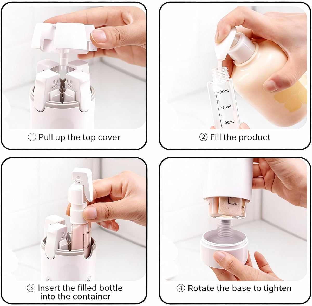 4 in 1 Travel Dispenser Bottle,4 Pack 30ML Travel Bottles for Toiletries, Leak Proof Travel Size Containers (Black, OneSize)