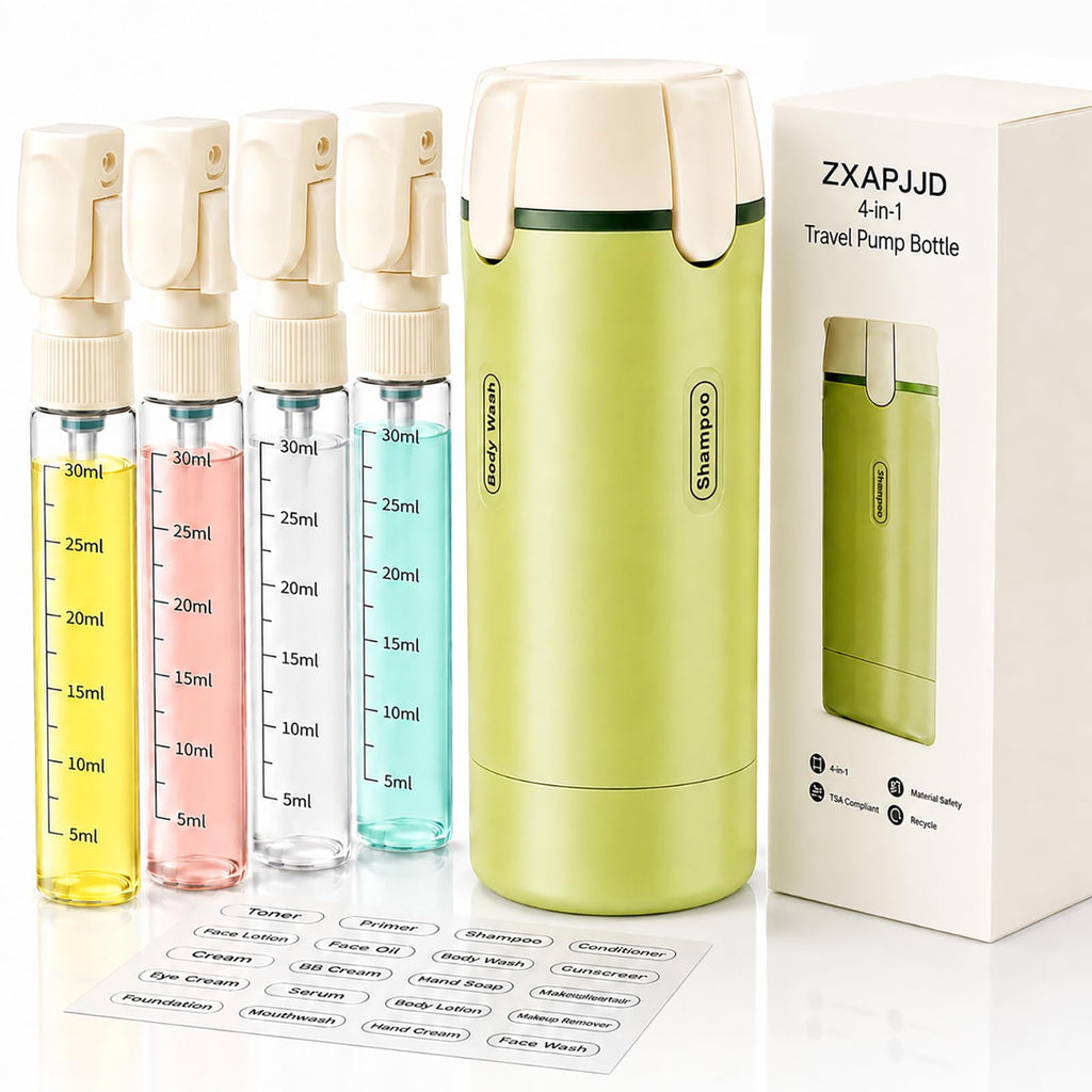 4-in-1 Travel Dispenser Bottle, TSA Approved Leakproof Set(White) | 4-in-1 rotatable design, leakproof hard shell, 4x30ml/1oz liquid containers, TSA carry-on approved, essentials for women&men