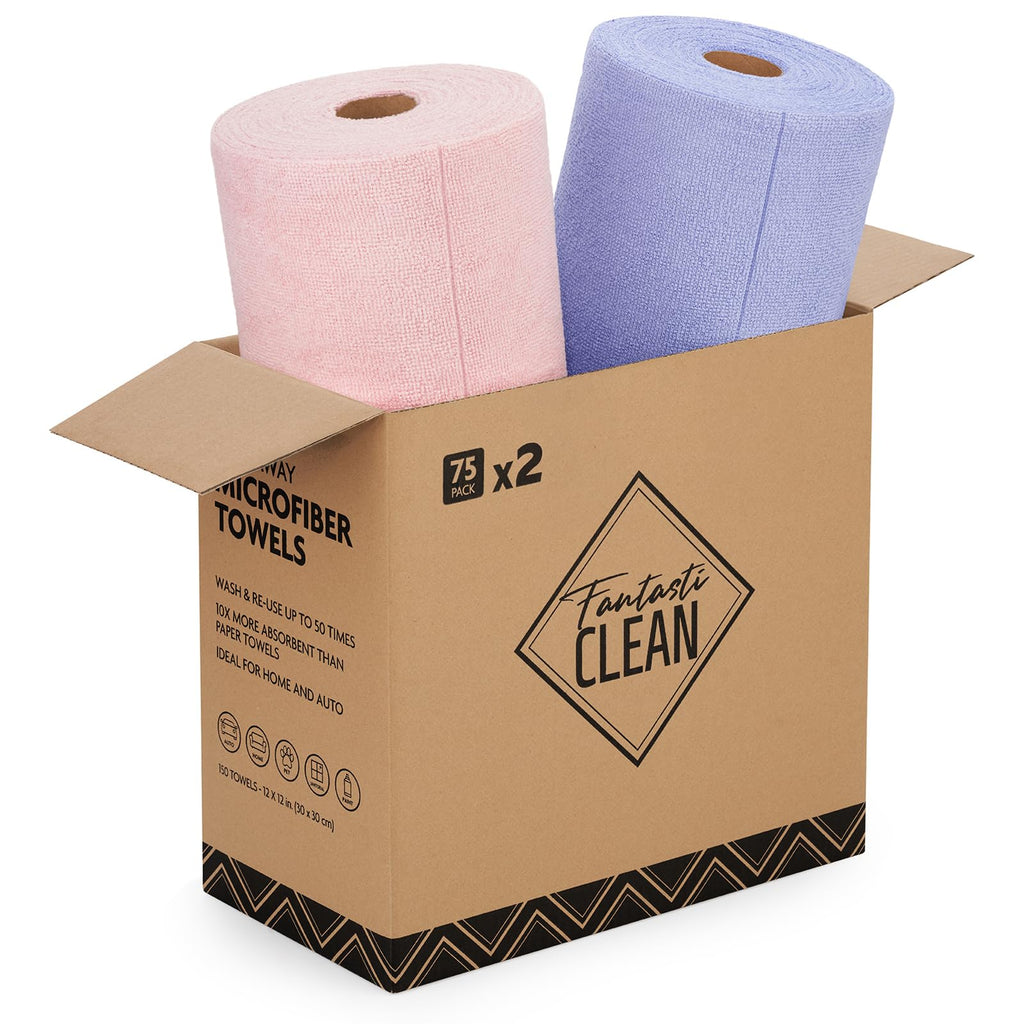 Fantasticlean Microfiber Cleaning Cloth Roll -75 Pack, 12" x 12" (Pink) | Reusable Alternative to Paper Towels, Ultra Absorbent, Lint-free Microfiber Towel Roll, for All-Purpose Cleaning