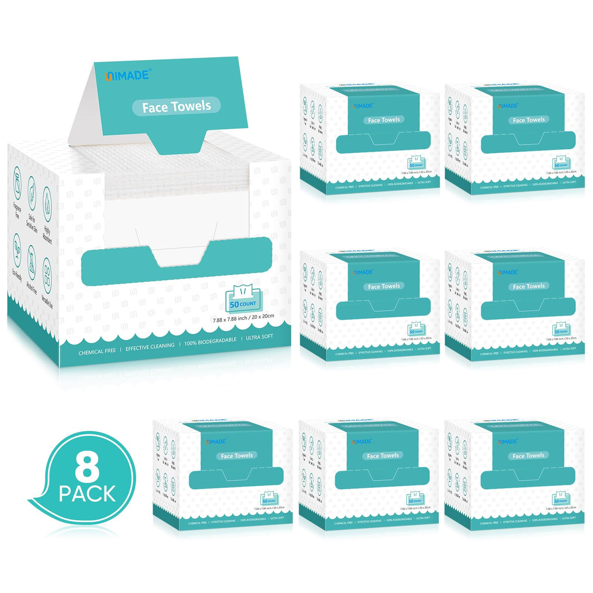 UNIMADE Face Towels, 100 Count Disposable Face Towelette | for Washing Face, Skincare, Ultra Soft Facial Towel for Sensitive Skin, Lint-free Makeup Remover Dry Wipes - 2 Box