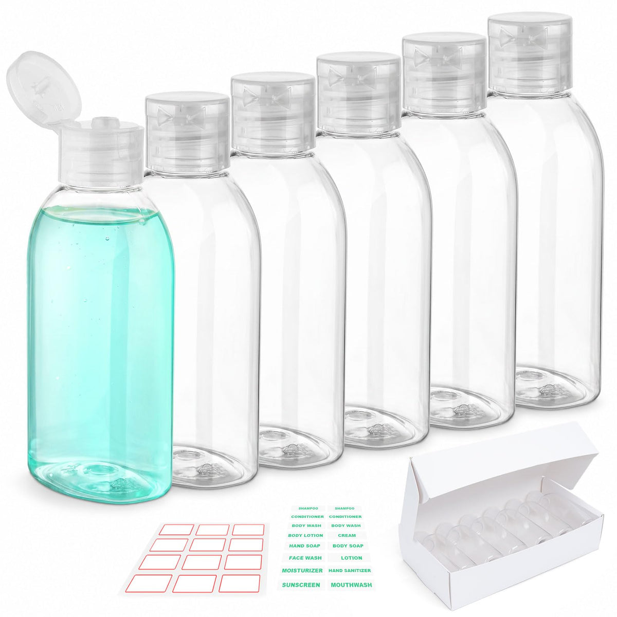 3.4 oz Clear PET Travel Bottles for Toiletries 6-Pack | Reusable, Thick, Tight-Sealing Flip Caps, Print on Label, Permanent Identification Stays, 2 Label Sheets, for Toiletries
