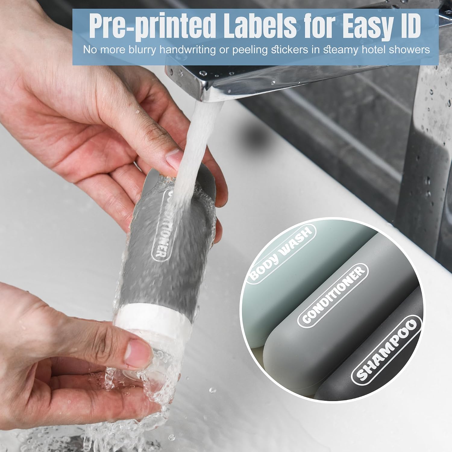 Pre-printed Silicone Travel Bottles for Toiletries 3oz | TSA Approved, Leak Proof, Squeezable Containers For Shampoo Conditioner, Travel Essentials, with Clear Bag, 4 Pack