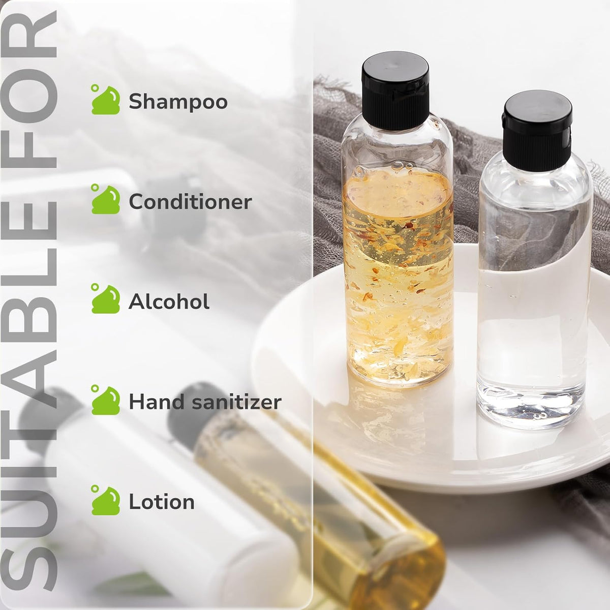 LISAPACK 3.4 oz Travel Bottles for Toiletries, Plastic Shampoo Containers | 5pcs small size dispenser, clear squeeze tubes, leak proof, small empty for liquid, lotion, conditioner, soap, 100 ml, TSA