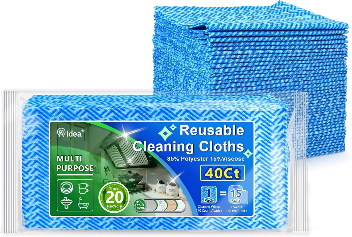 AIDEA Cleaning Wipes, Multi-Purpose Towel Reusable Cleaning Cloths 40Ct(1 Pack), Domestic Wipes, Dish Cloths(12''x24'') | Cleaning Rags Dish Cloths for Washing, Daily Cleaning Towel for Household/ Bathroom and Office Cleaning Supplies, Blue
