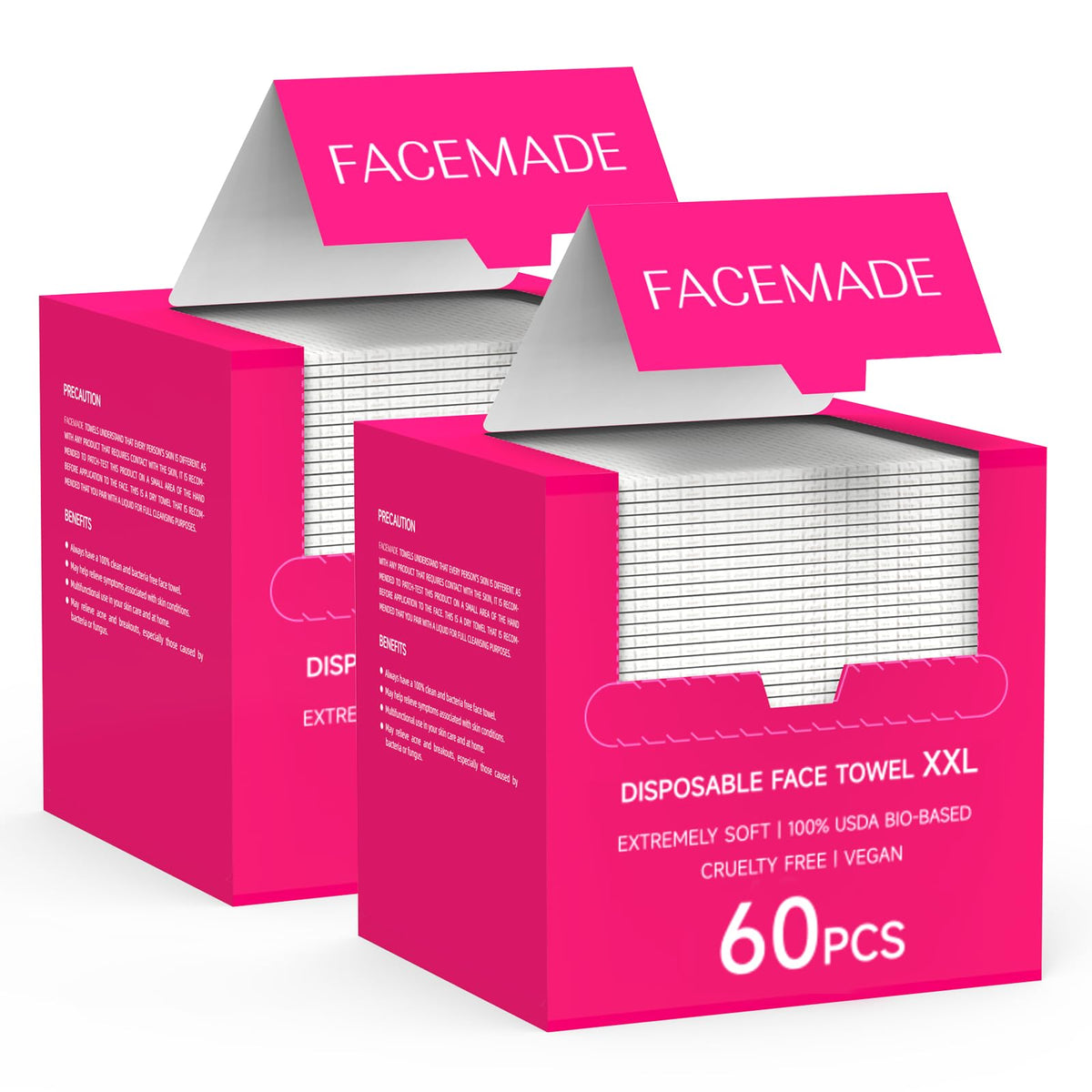 FACEMADE 60 Count XXL Face Towels Disposable 12" × 12" | 20% Larger and 20% More than Others | Lint-free and Odor-free | Soft and Clean, Perfect for Sensitive Skin Types