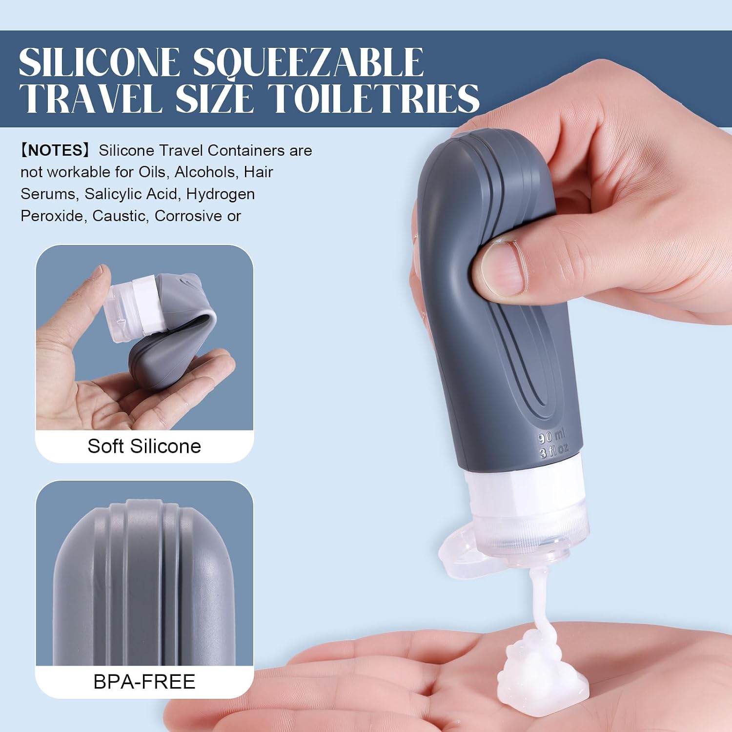 Travel Bottles for Toiletries, 3oz TSA Approved Travel Size Toiletries, Silicone Leak-Proof Refillable Containers, Squeezable Liquid Essentials Bottles W/Clear Bag (GRAY)