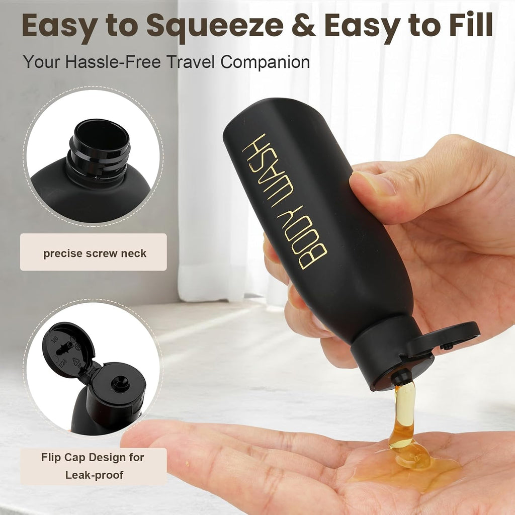 Cosywell 3.4oz 5 Pack Travel Bottles for Toiletries Black Toiletry Bottles | Pre-Printed Shampoo Conditioner & Body Wash, Soft Touch, TSA Approved, Leak Proof, Includes Flip Caps and a Toiletry Bag