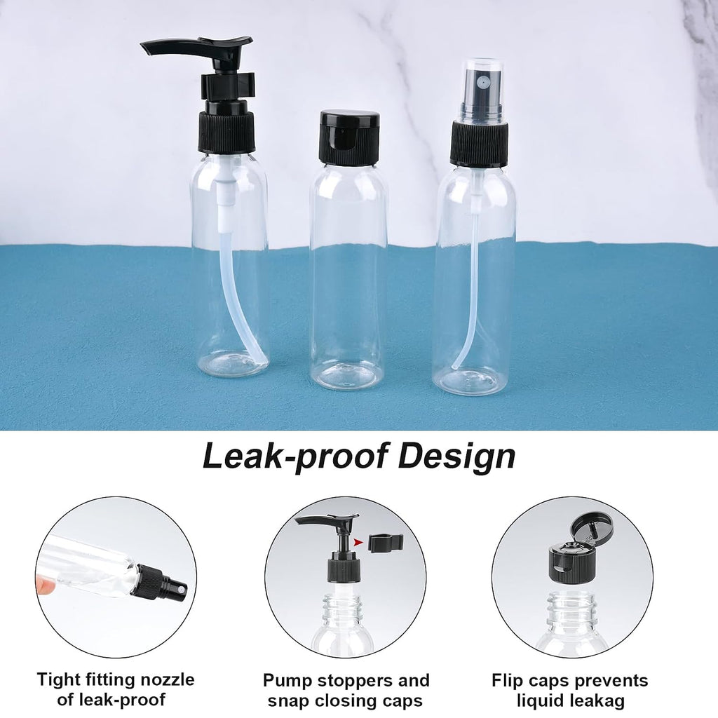 Cosywell 13-Piece 2 oz TSA Approved Travel Bottles for Toiletries Kit | Refillable set Includes Pump, Spray and Flip-cap Bottles, Cream Jars, Spatulas, Funnel and Clear Bag for Shampoo and Lotion