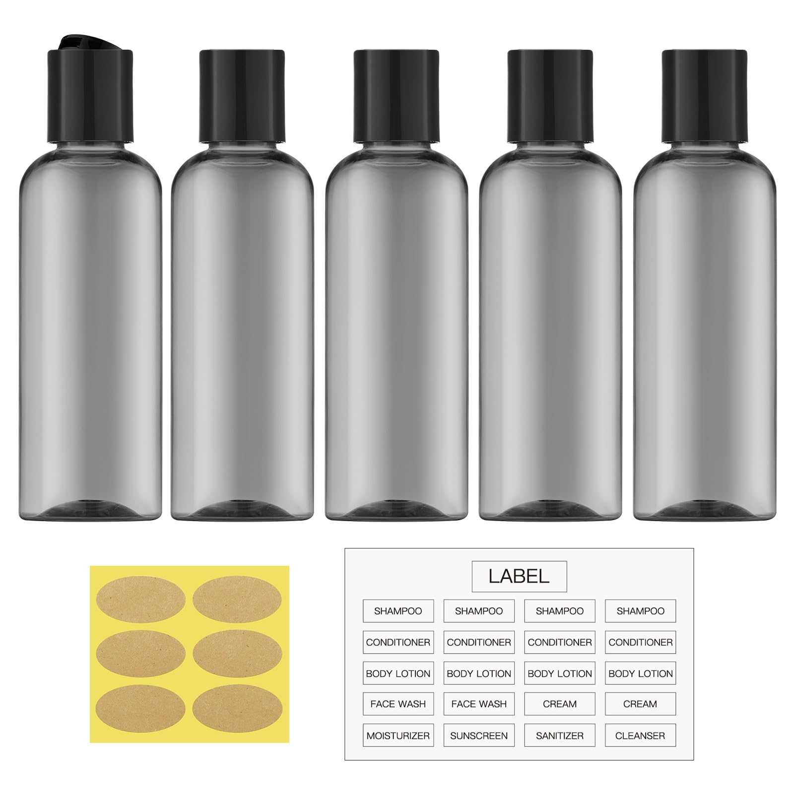 Travel Bottles for Toiletries, 3.4 oz Travel Size Containers, 5pcs, Clear | Squeezable empty plastic bottles, TSA approved, leak proof, with labels, for liquids & shampoo lotion, gym essentials