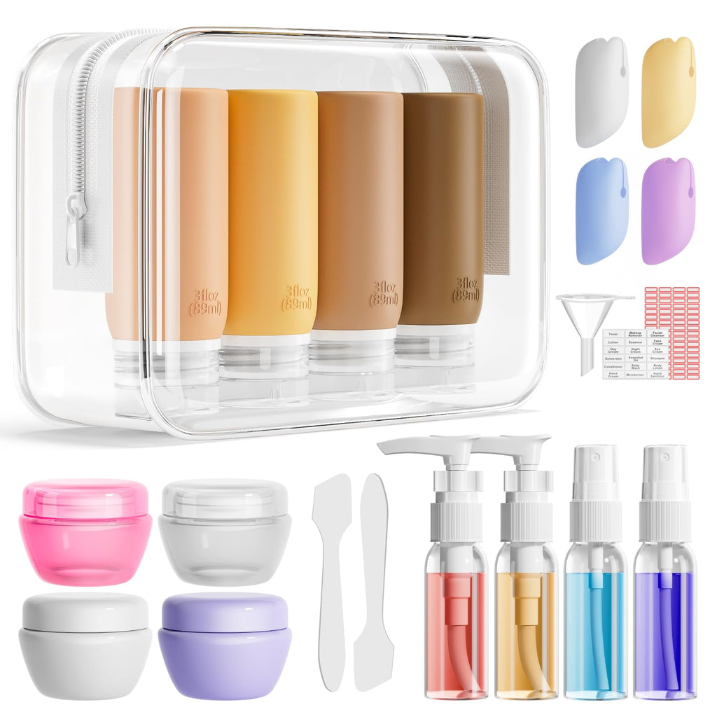 Muslish 21 Pack Travel Bottles for Toiletries, Leak-Proof TSA Compliant Silicone Travel Size Containers for Shampoo and Conditioner, BPA Free with Toiletry Bag (Cream)