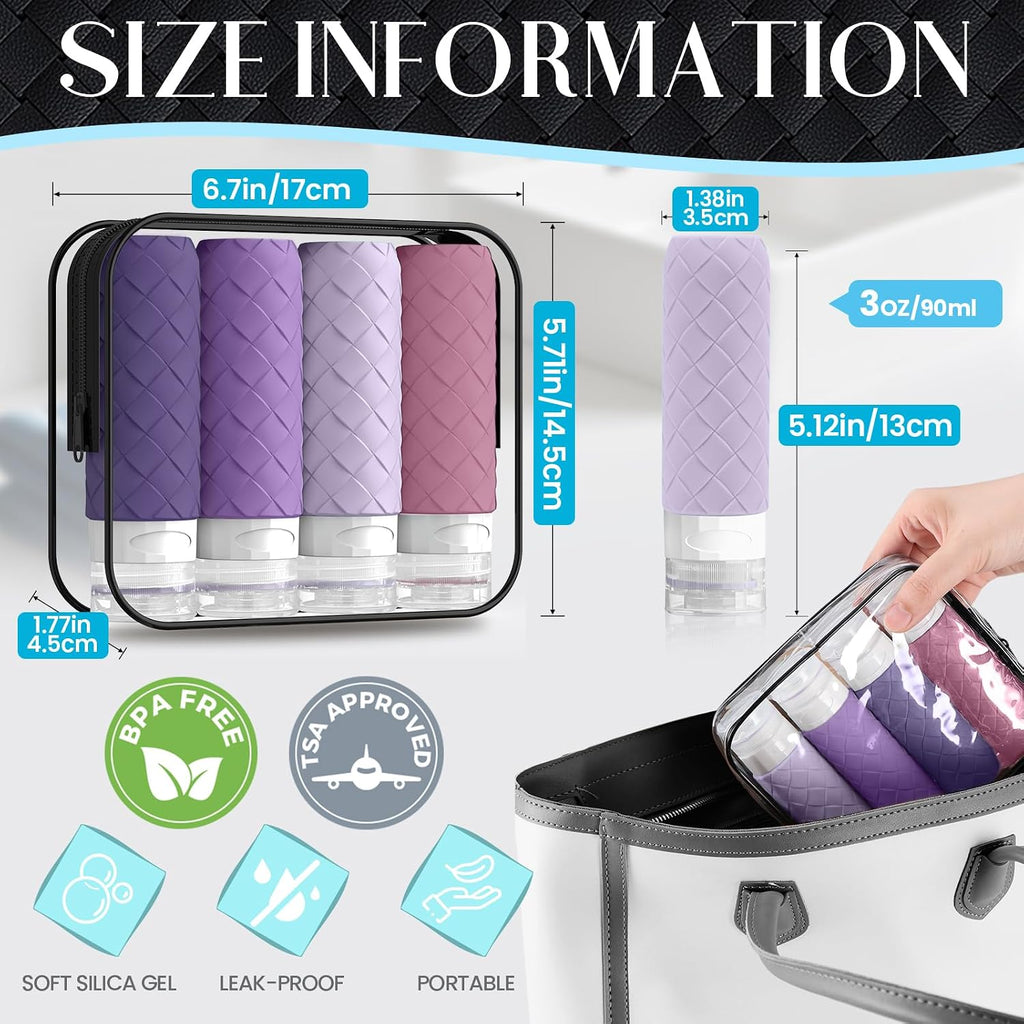 Silevoler Travel Bottles for Toiletries, TSA-Approved Travel Size Container | Woven Pattern BPA Free Silicone Leak Proof Refillable Liqus Shampoo And Conditioner Essentials Toiletry Bottles(Purple)