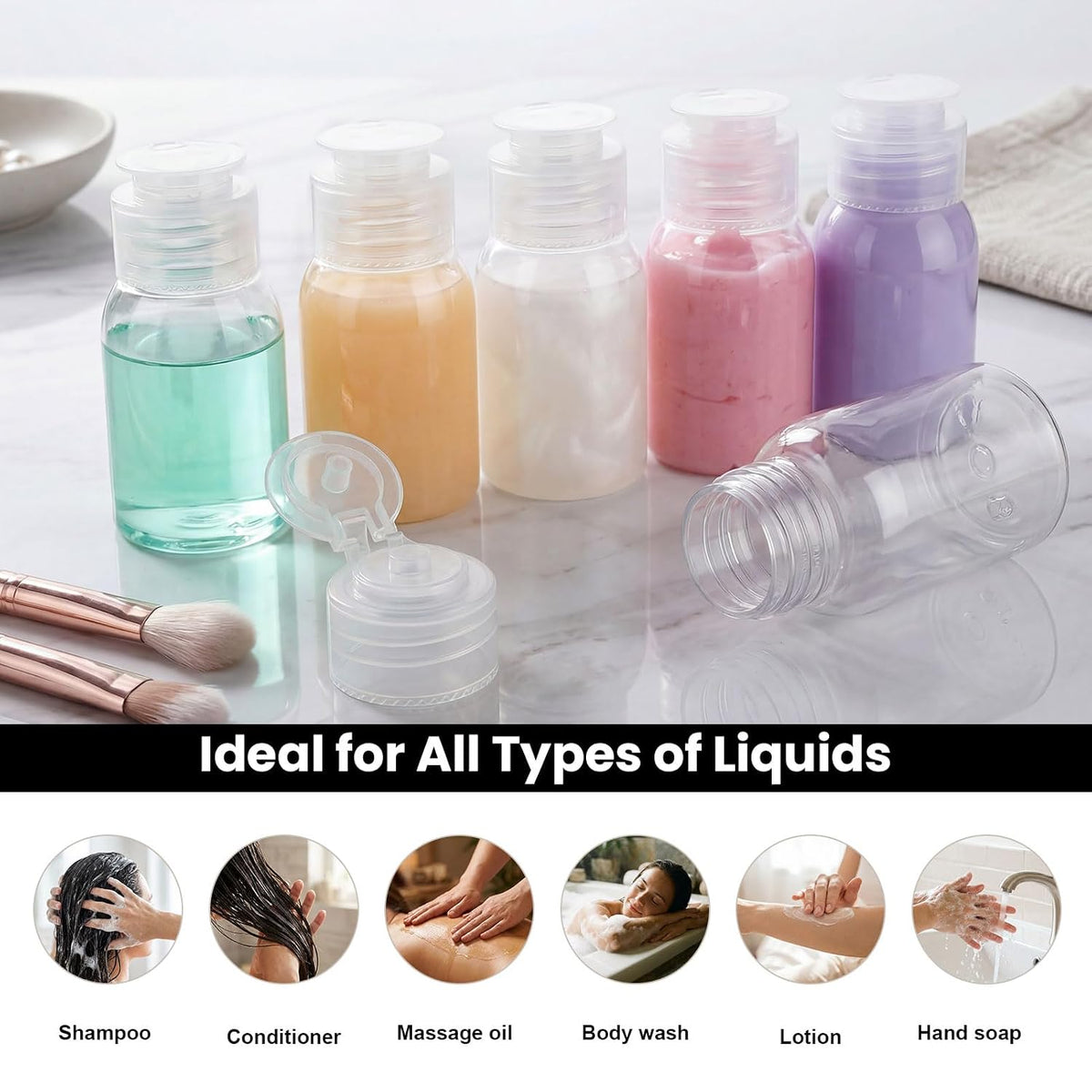 Travel Bottles for Toiletries 6 Pack 2.2oz Leak Proof Containers | Wide Mouth, TSA Approved, Refillable Squeeze Bottles with Flip Cap, for Shampoo Conditioner Body Wash Lotion(Clear)