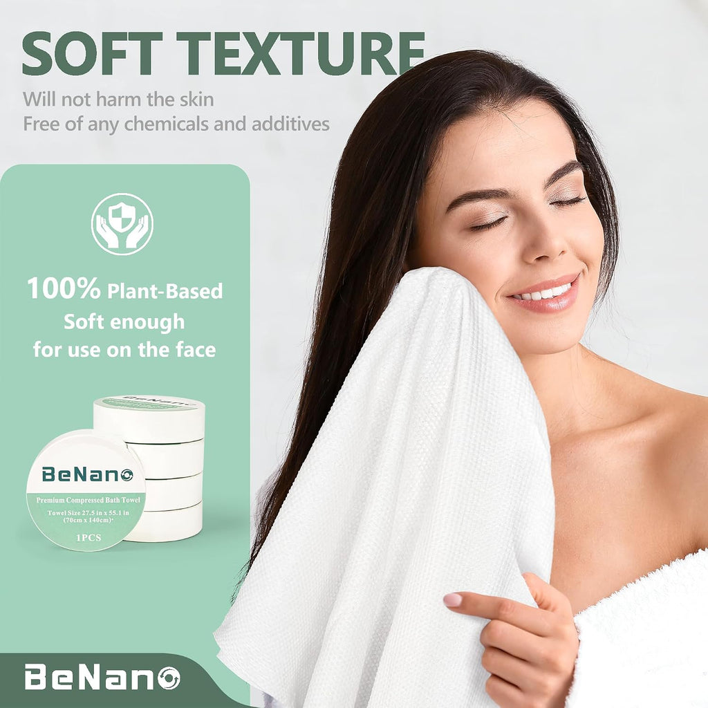Benano 55.1x27.5 in Compressed Bath Towel Tablets | Travel Towel, 5 Pack | Water-activated, large reusable compact bath towels. Perfect for camping, hotel, hiking, sports, beach, swimming, vacation.