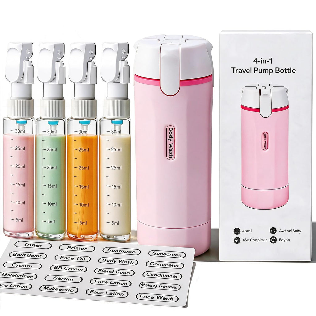 4 in 1 Travel Dispenser Bottle,4 Pack 30ML Travel Bottles for Toiletries, Leak Proof Travel Size Containers (Black, OneSize)