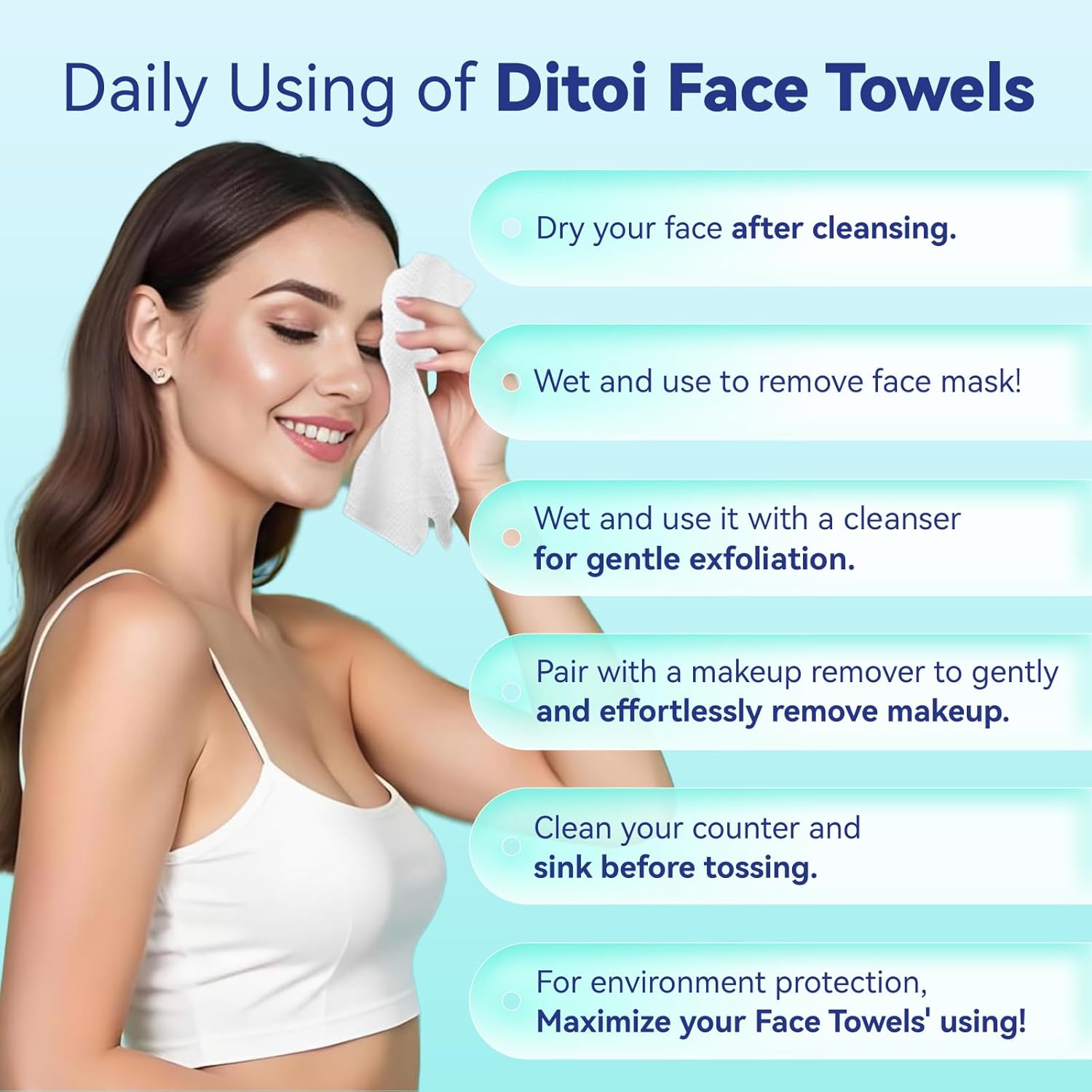 Ditoi Disposable Face Towels XXL, Soft Deep-Cleansing Face cloths,100 Count | Plant-Based Thick Facial Towels for Sensitive Skin,Disposable Washcloths for Skincare,Travel Essentials