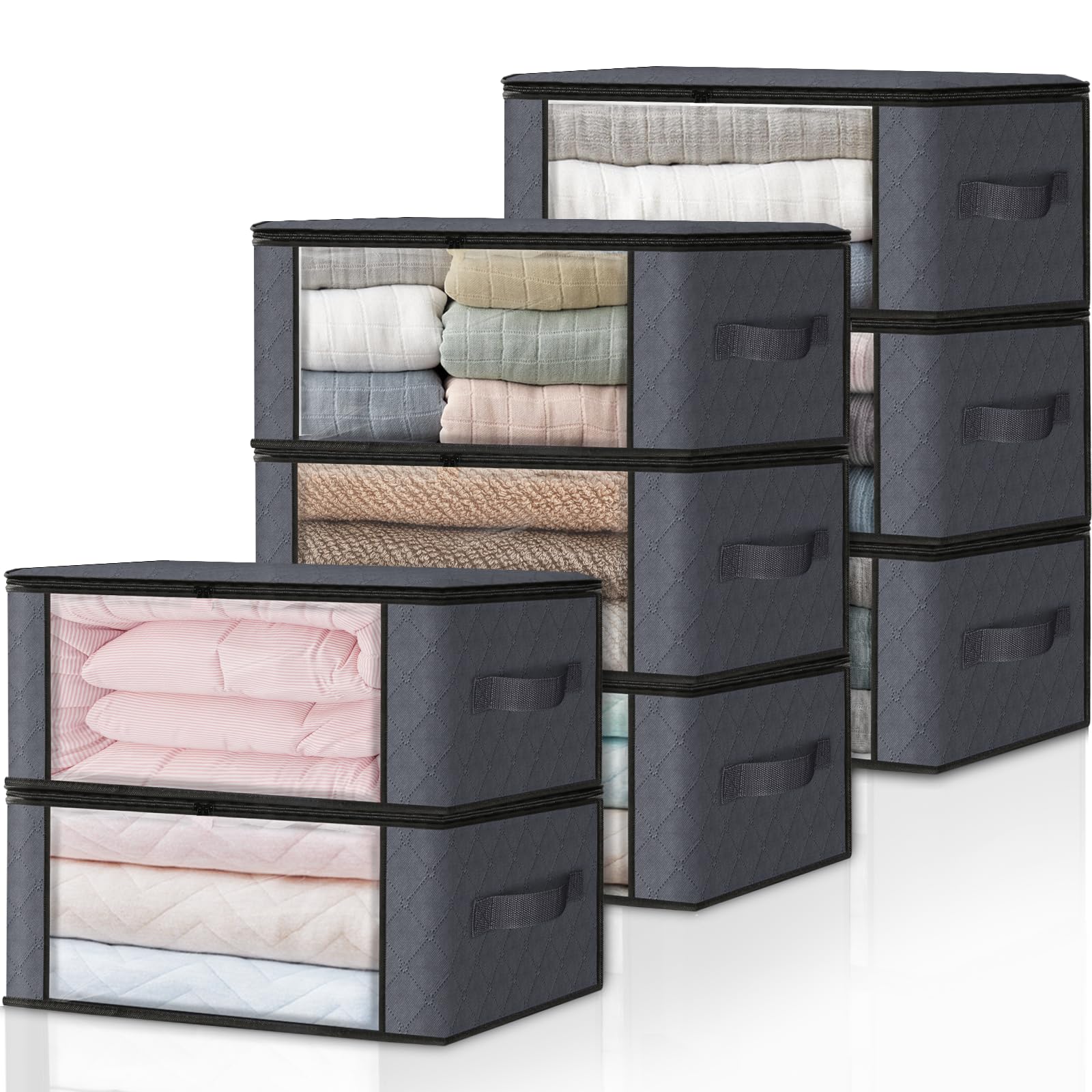 HomeHacks 3-Pack Clothes Organizer Storage Bags, 35L Storage Bins, Gray | Foldable Storage Box Container with Zippers, Clear Window, Reinforced Handles for Closet, Dorm, Pillows, Bedding, Sweater