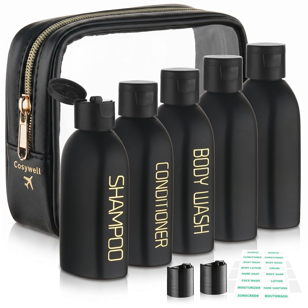 Cosywell 3.4oz 5 Pack Travel Bottles for Toiletries Black Toiletry Bottles | Pre-Printed Shampoo Conditioner & Body Wash, Soft Touch, TSA Approved, Leak Proof, Includes Flip Caps and a Toiletry Bag