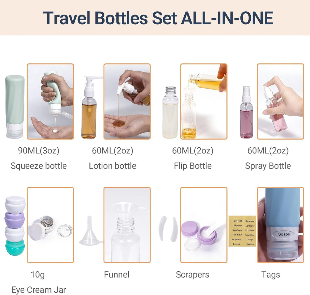 16 Pack Travel Bottles for Toiletries, TSA Approved 3oz Containers | Silicone Travel Size Containers for Shampoo and Conditioner, BPA Free with Toiletry Bag