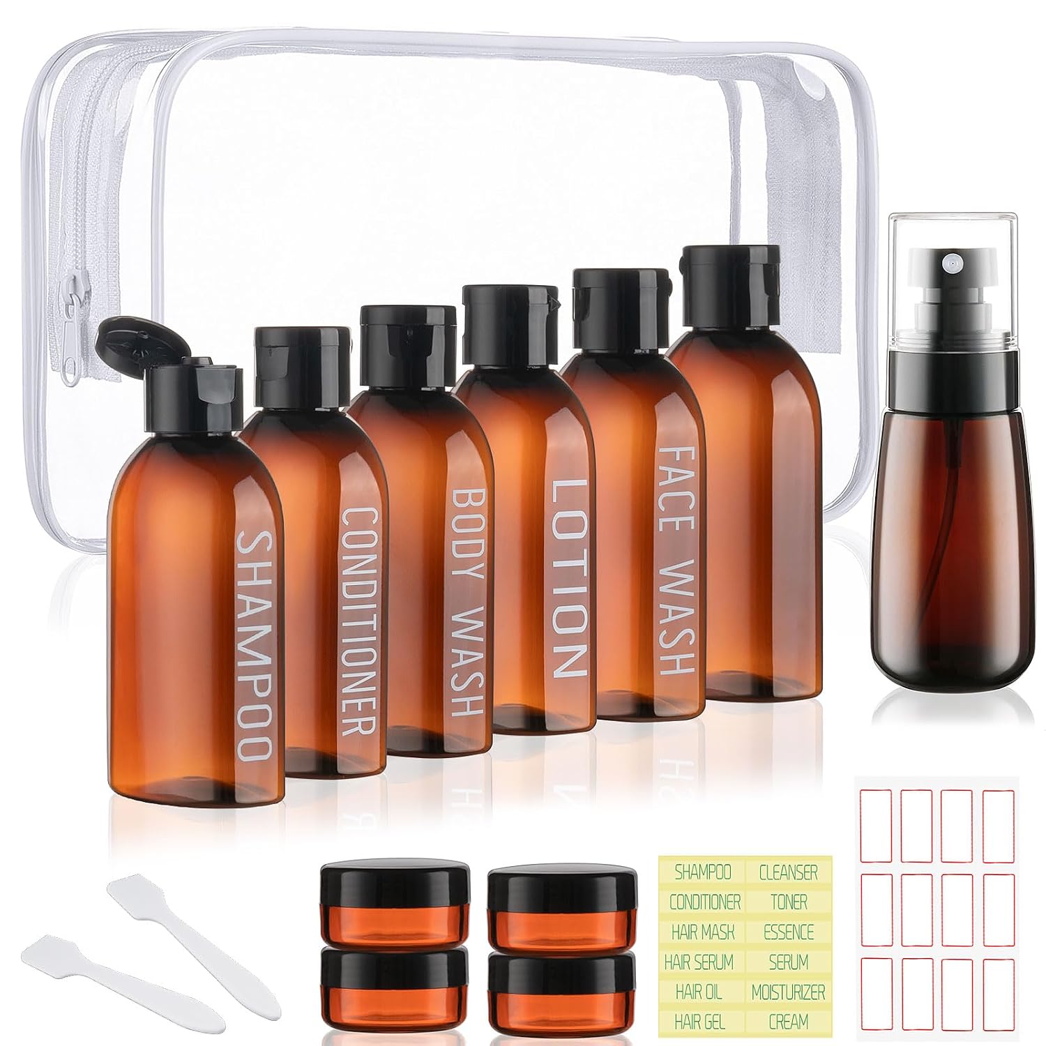 Travel Kit 10 PCS Travel Bottles for Toiletries TSA Approved Bottle | Leak Proof, Brown Pre-printed, Plastic 0.35oz Cream Jar, 2oz Spray Bottle for Hair Care, Shampoo, Conditioner, a Toiletry Bag