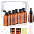 Travel Kit 10 PCS Travel Bottles for Toiletries TSA Approved Bottle | Leak Proof, Brown Pre-printed, Plastic 0.35oz Cream Jar, 2oz Spray Bottle for Hair Care, Shampoo, Conditioner, a Toiletry Bag