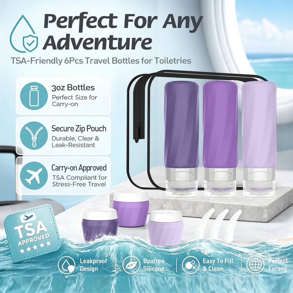 6Pcs Travel Bottles for Toiletries, Silicone Travel Size Containers Set | TSA Approved BPA-FREE Silicone Leak Proof Refillable Bottles and Jars, Women & Men Airplane Cruise Essentials Kit (PURPLE)