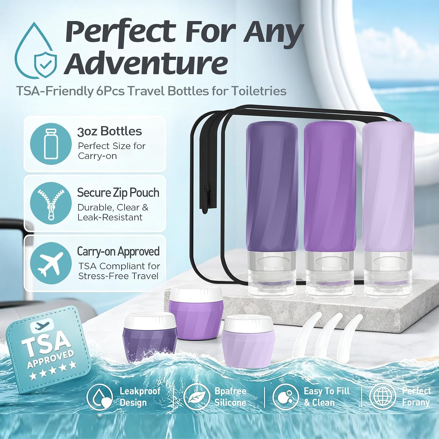 6Pcs Travel Bottles for Toiletries, Silicone Travel Size Containers Set | TSA Approved BPA-FREE Silicone Leak Proof Refillable Bottles and Jars, Women & Men Airplane Cruise Essentials Kit (PURPLE)