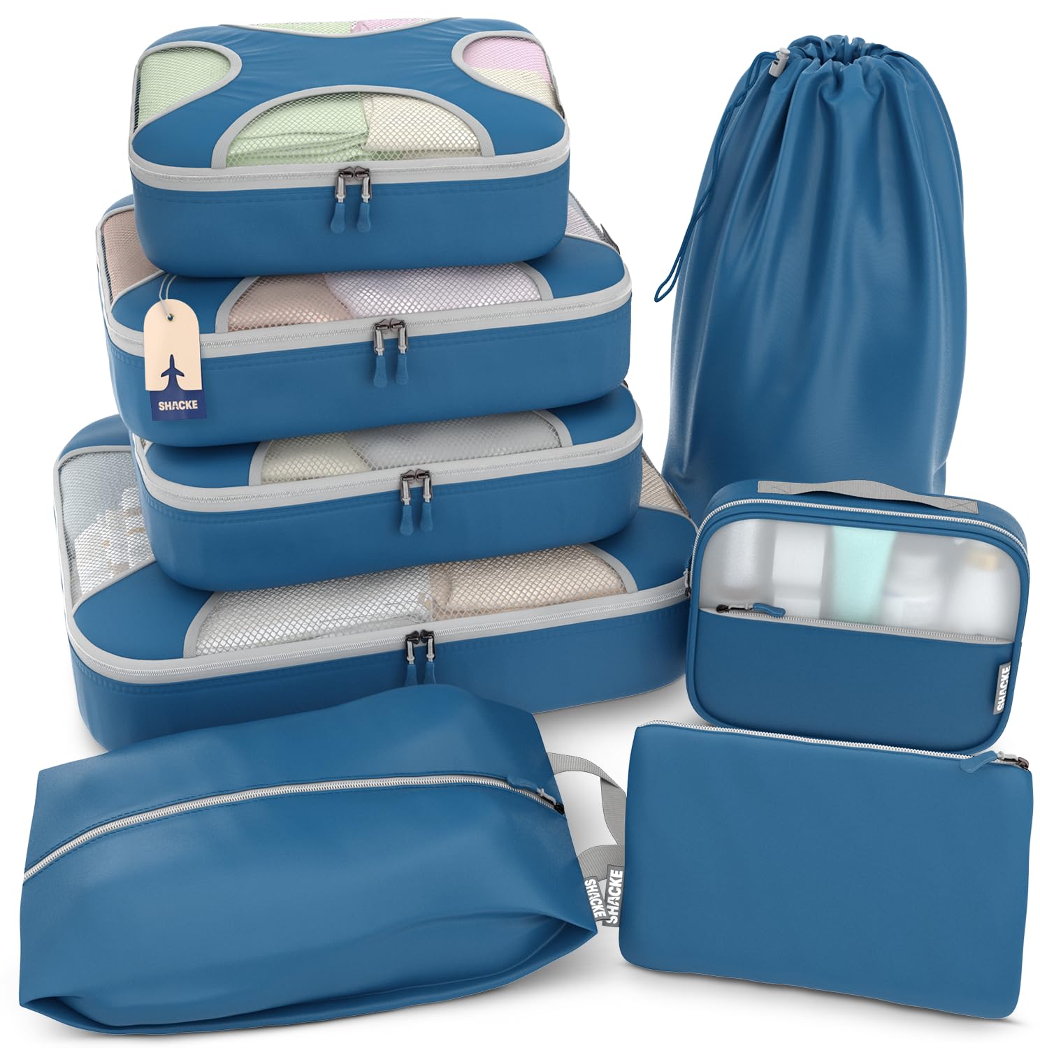 Shacke 5 Set Packing Cubes for Travel with Laundry Bag (Pure Black) | Suitcase Organizer Bags Set: 4 Water-Resistant Luggage Cubes, XL to Small, + Laundry Bag for Carry-On or Checked
