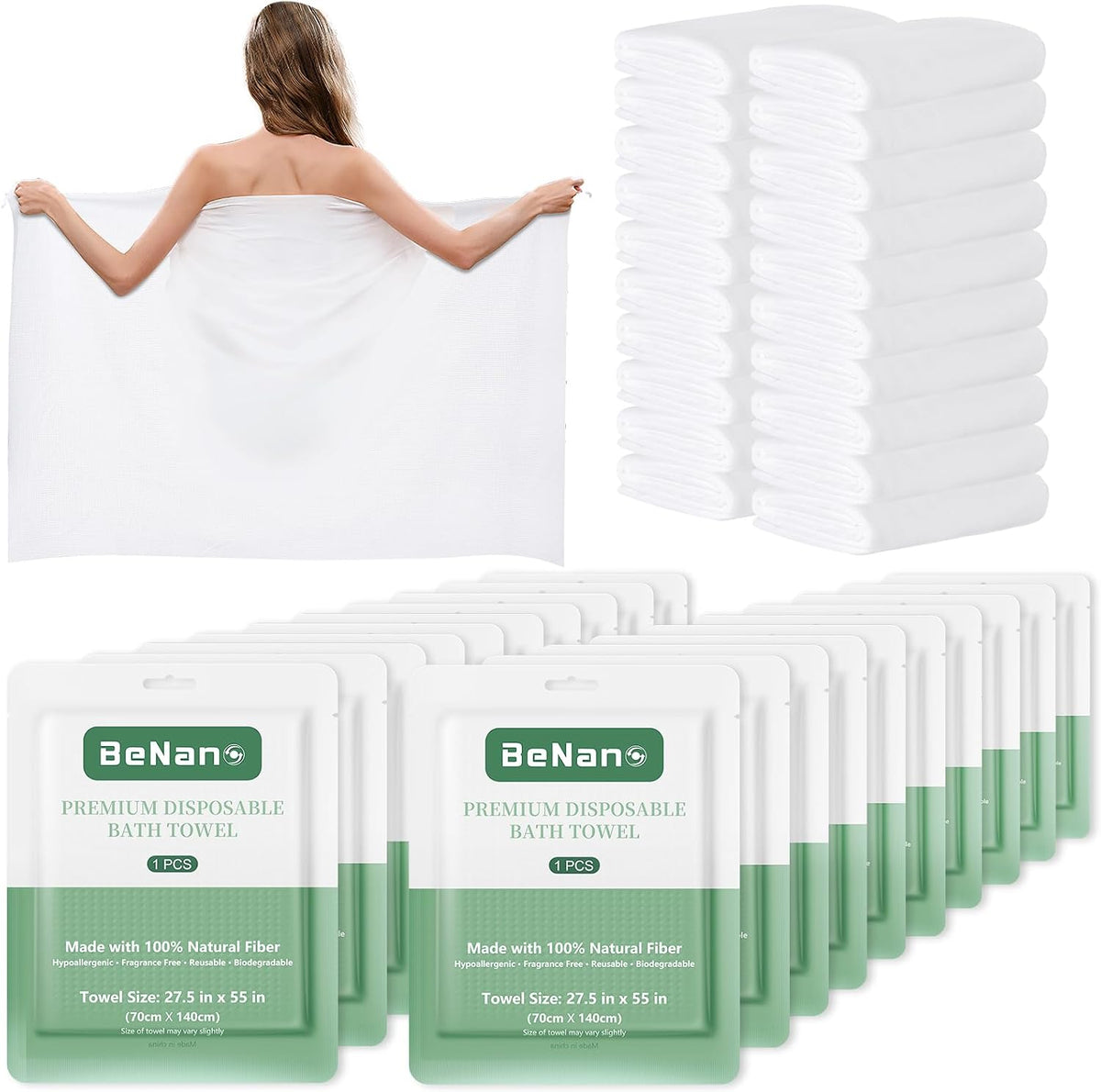 Benano 55 in x 27.5 in Disposable Bath Towels | Ready to Use, 4 Pack | Sanitary, disposable bath towels. 100% USDA Biobased. Elevate experience in salons, hotels, massage, camping and travel