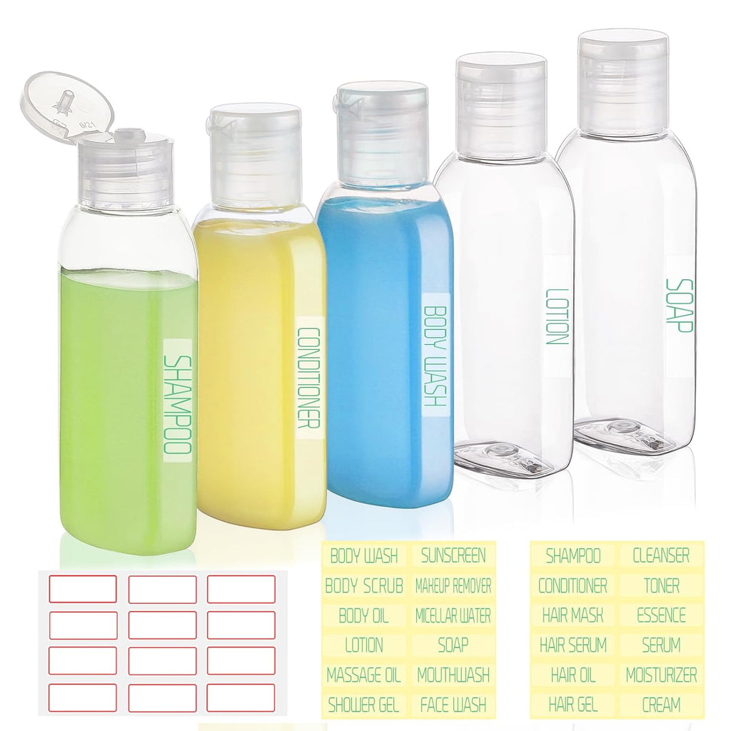 Travel Bottles for Toiletries 5 Pack 2oz TSA Approved Squeeze Bottle | Clear Travel Size Containers, Leak-proof, Shampoo and Conditioner Bottles, Refillable Plastic Toiletry Bottle, with Lables