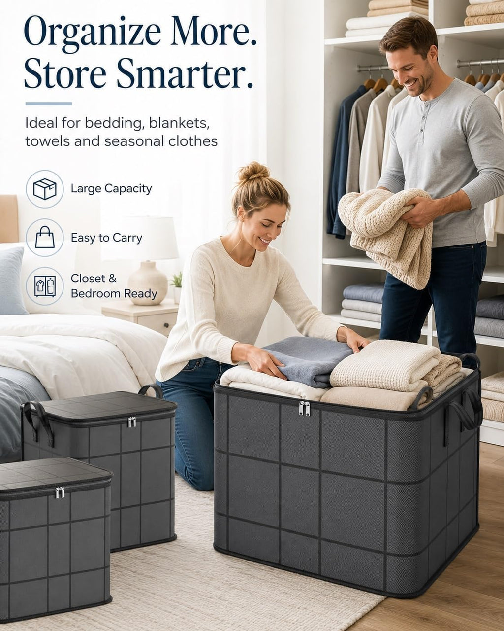 XXL Foldable Storage Bag with Reinforced Handles, Extra Large Portable Moving Storage Bags, Spacious Moving Storage Bin, Clothes Storage Containers for Bedroom, Closet, Clothing, Comforter，XXL: 180L：3