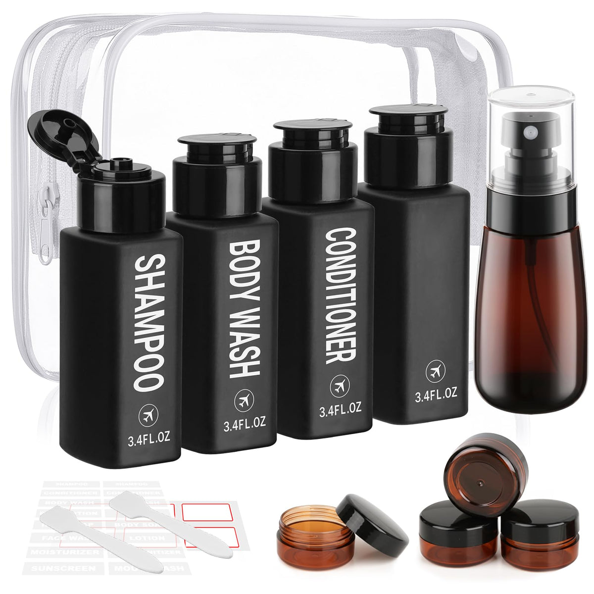 Travel Bottles for Toiletries 14PCS 3.4oz Pre-Printed Containers | Pre-Printed Shampoo, Conditioner, Body Wash, TSA Approved, Wide Mouth, Leak Proof Black Kit, Travel Spray Bottle, Cream Jars