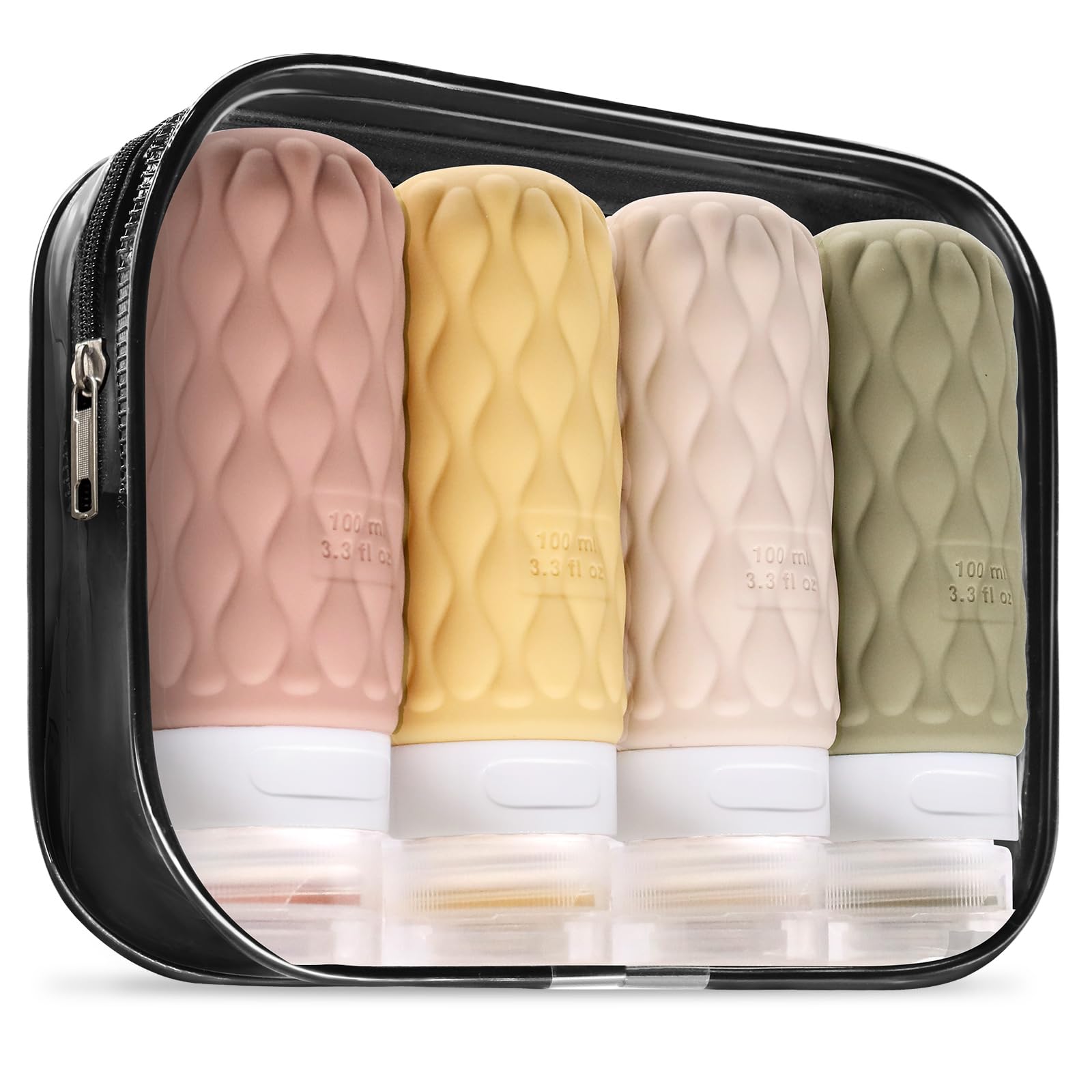 Travel Bottles for Toiletries Silicone Travel Size Containers 3.4oz 1.7oz | Travel Essentials TSA Approved Leakproof Refillable Squeeze Bottles with Labels/Clear Bag for Shampoo, Conditioner, Creams