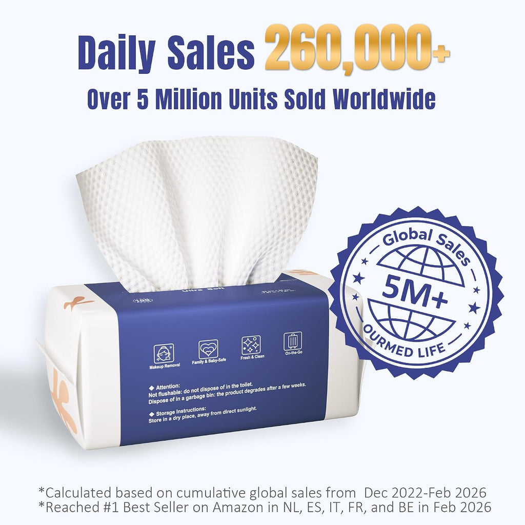 Ourmed Life Face Towels, Disposable Biodegradable Clean Facial Towels for Sensitive Skin, Lint- free Face Cloths for Makeup Remover, Skincare and Women Cleaning, Dry Wipes,100 Count EF Texture | Clinically Tested, Reduce Redness, Skin Soothing, Sensitive