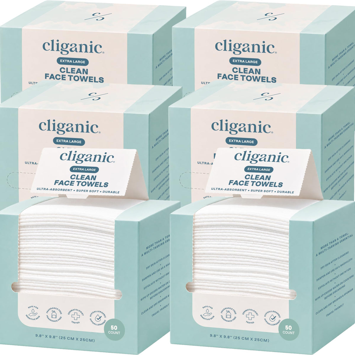 Cliganic Clean Face Towels XL, Multi-Pack (100 Count), Disposable, Ultra-Absorbent, Hypoallergenic & Soft - Makeup Remover Dry Wipes, Pamper Your Face, Hygienic Towelettes, for All Skin Types