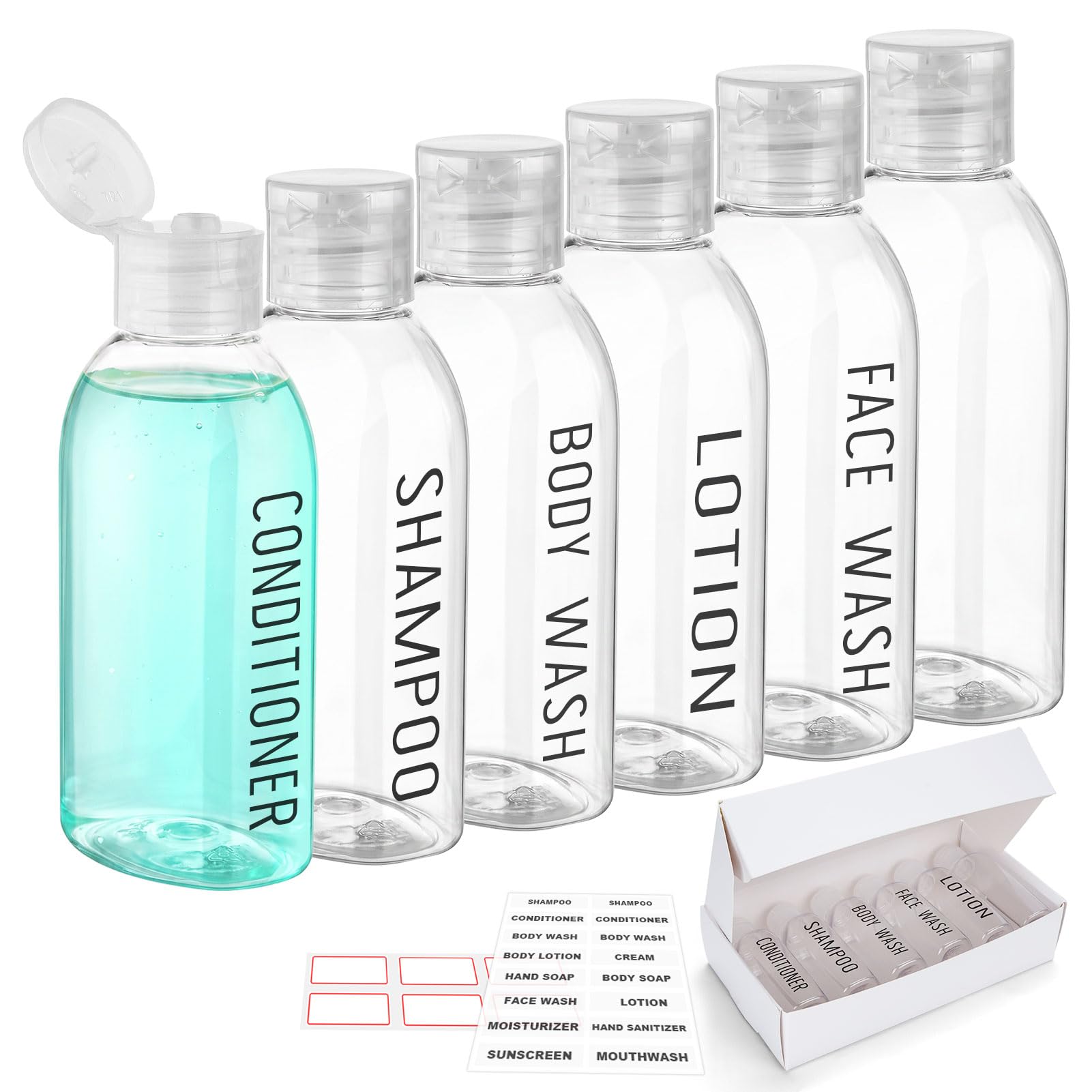 3.4 oz Clear PET Travel Bottles for Toiletries 6-Pack | Reusable, Thick, Tight-Sealing Flip Caps, Print on Label, Permanent Identification Stays, 2 Label Sheets, for Toiletries