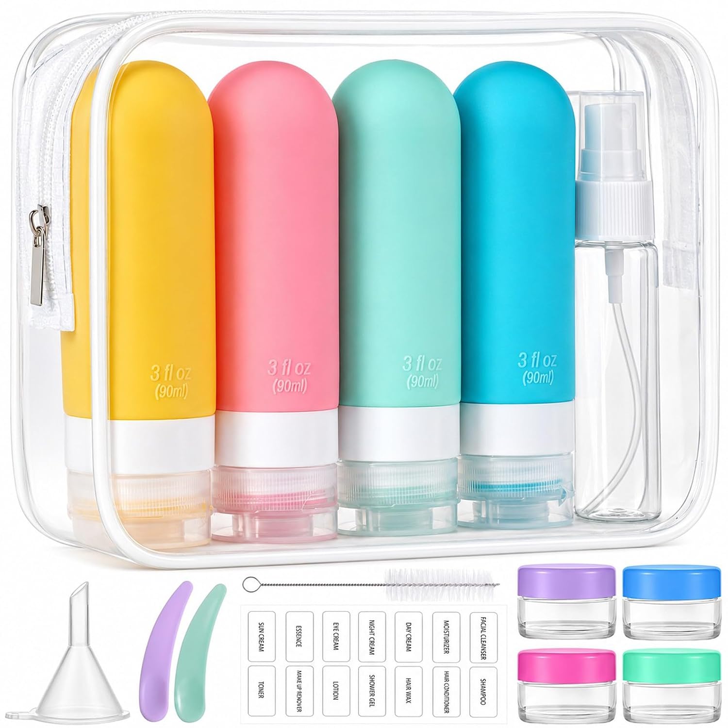16pack Travel Bottles for Toiletries, TSA Approved LeakProof Squeezable Silicone Toiletry Containers for Shampoo, Conditioner, 3oz Portable Refillable Traveling Size Liquid Containers (16Pcs/Colorful)