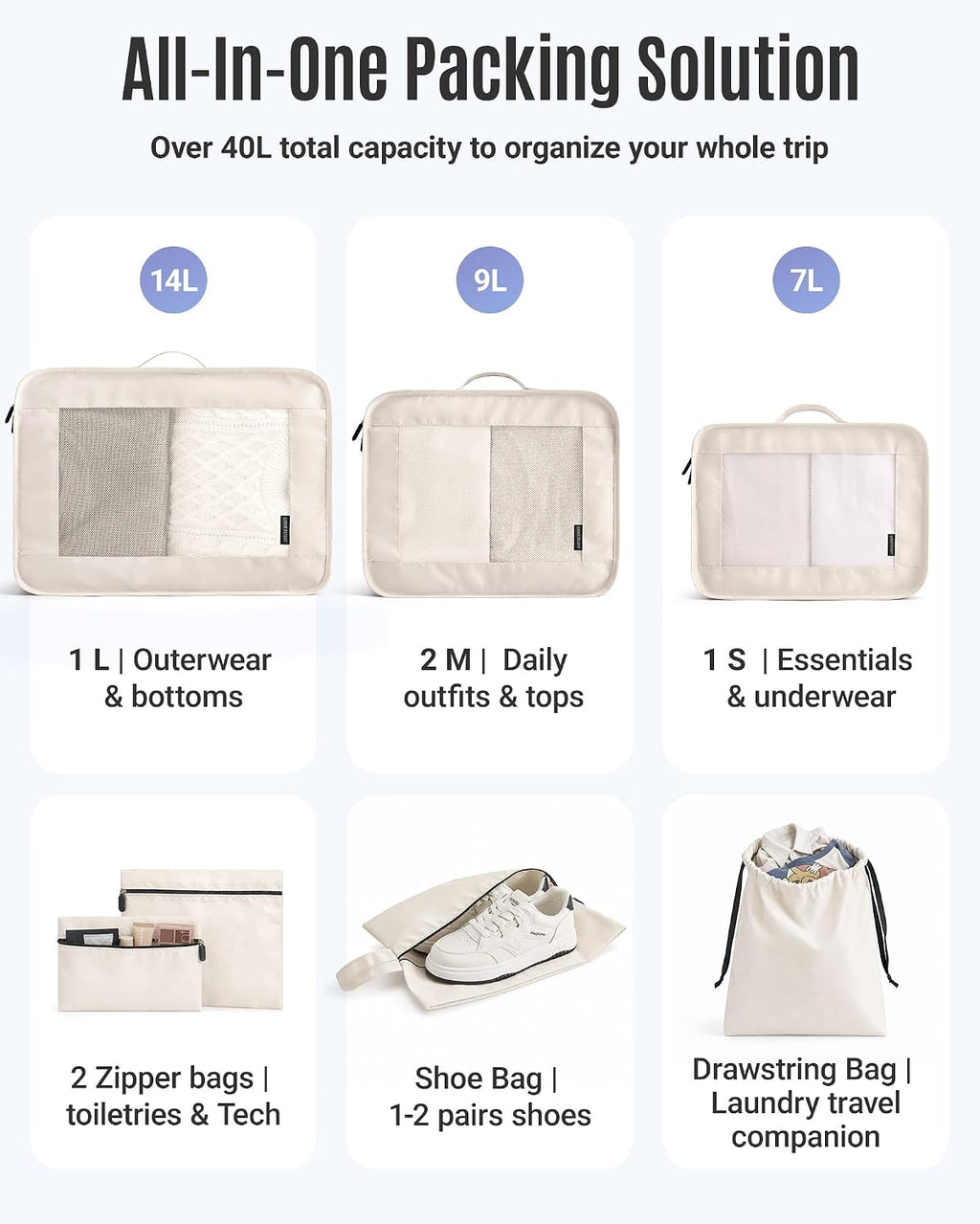 8 Set Packing Cubes for Travel, Cruise Ship Travel Essentials | 8-Pack Packing Bags, Mesh Luggage Organizer Bags & Laundry Shoe Bags for Max Clothing Capacity, Holiday Vacation Camping