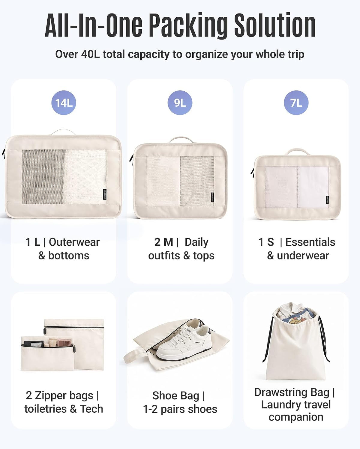 8 Set Packing Cubes for Travel, Cruise Ship Travel Essentials | 8-Pack Packing Bags, Mesh Luggage Organizer Bags & Laundry Shoe Bags for Max Clothing Capacity, Holiday Vacation Camping
